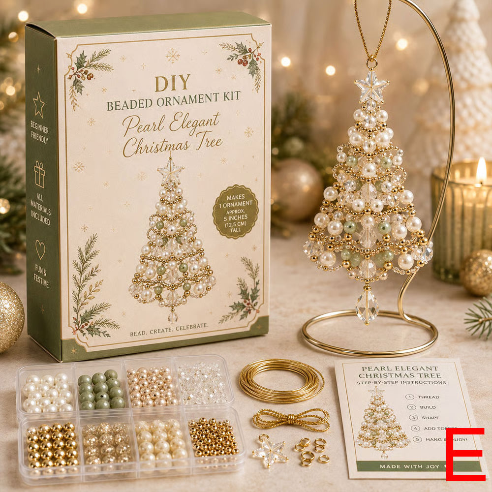 DIY beaded Christmas ornament kits with layered tree and snowflake designs, beads, wire and instructions