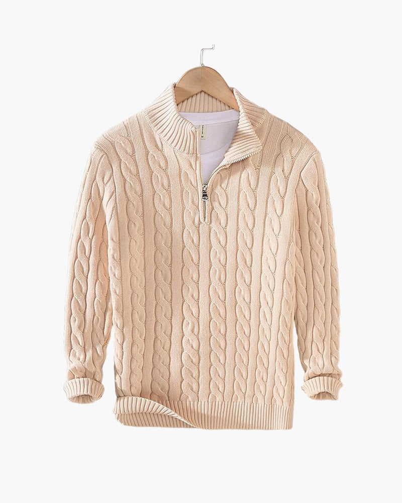 Men's cable knit half-zip sweater with mock neck and long sleeves