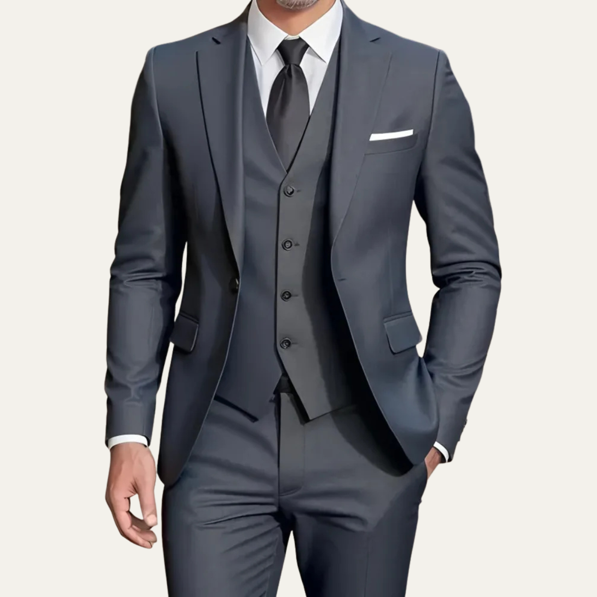 Men's three-piece slim fit suit with blazer, buttoned waistcoat and trousers