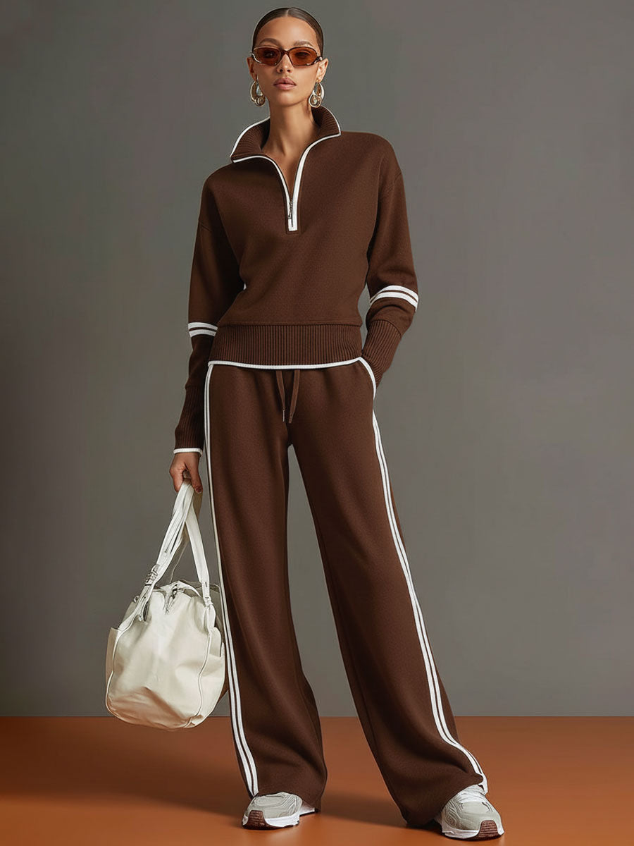 Ribbed Zip Lounge Set Grey White Loose Fit Tracksuit