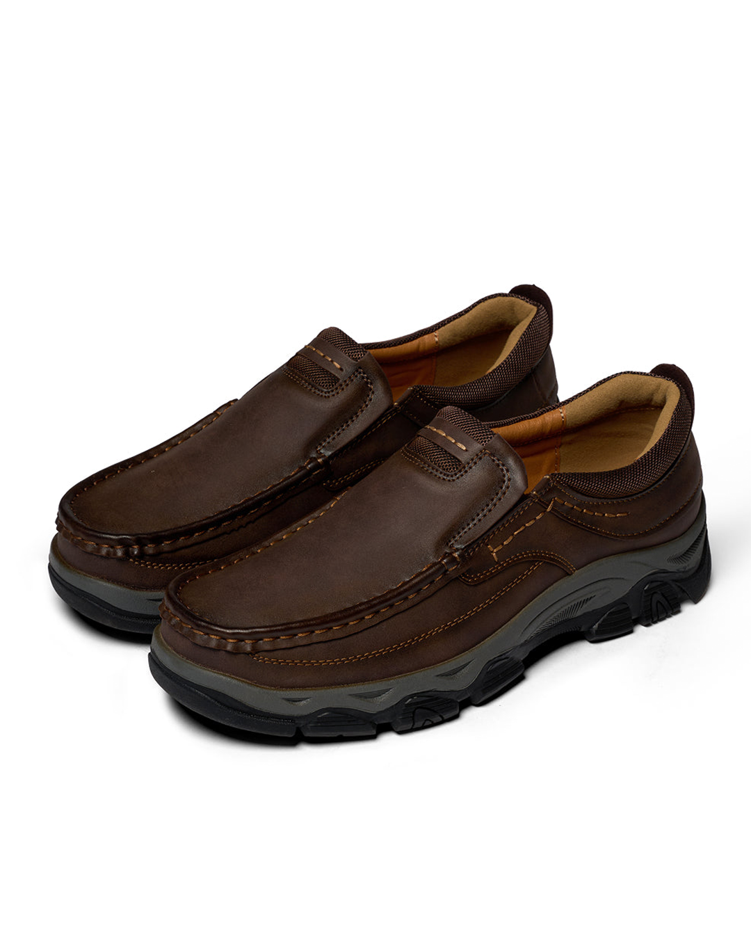 Men's slip-on loafers with moc toe stitching and textured lug soles