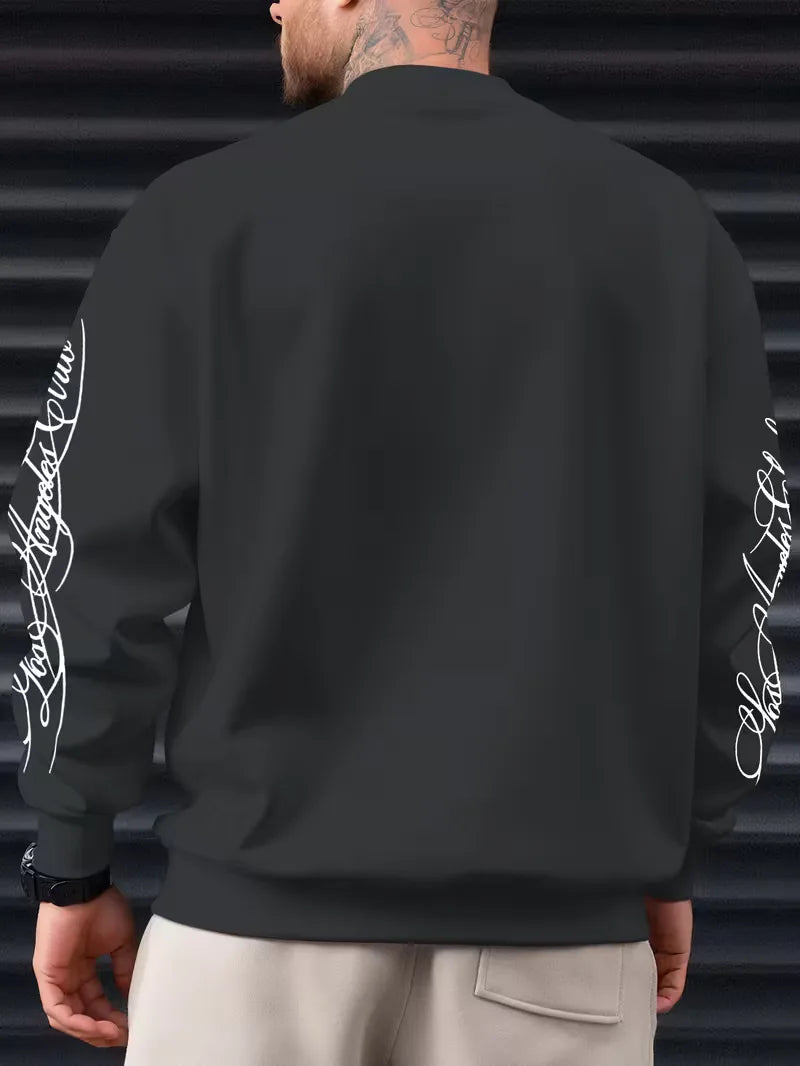 Men's crew-neck sweatshirt with white script graphics on the chest and sleeves