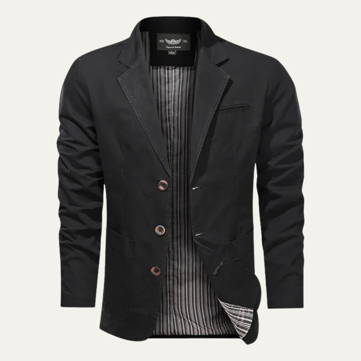 Men's blazer with notched lapels, button front and multiple pockets
