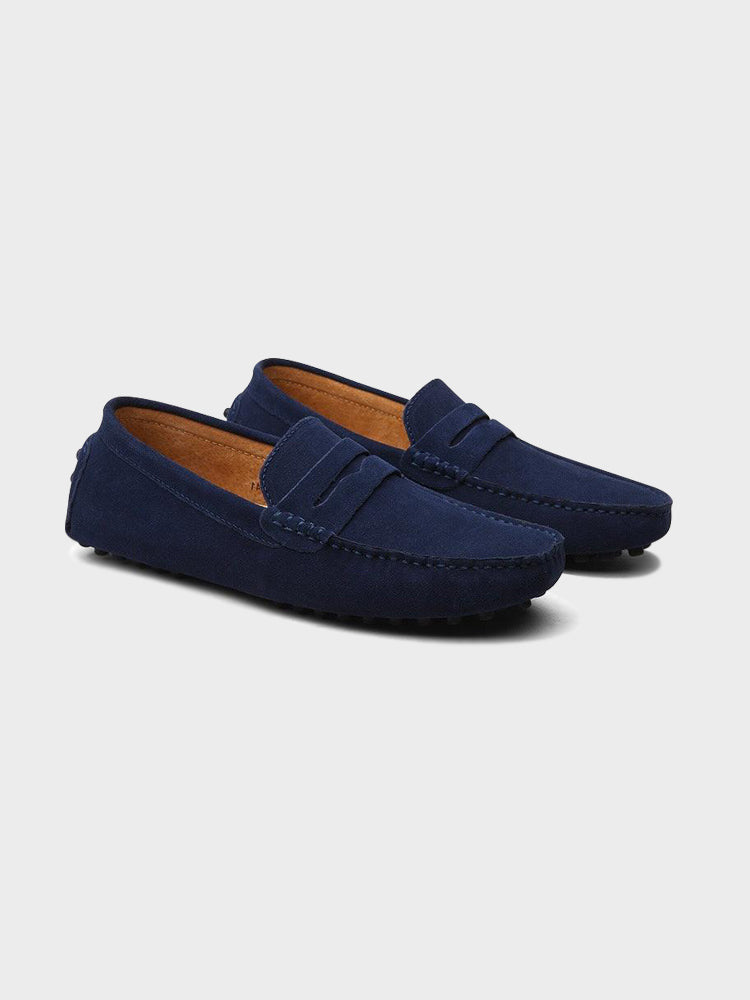 Men's suede boat loafers with moc toe and vamp strap