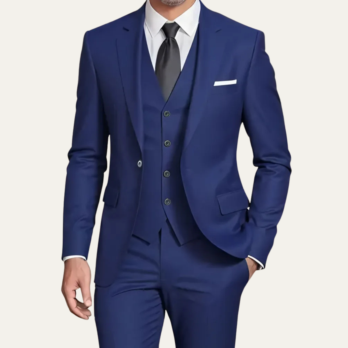 Men's three-piece slim fit suit with blazer, buttoned waistcoat and trousers