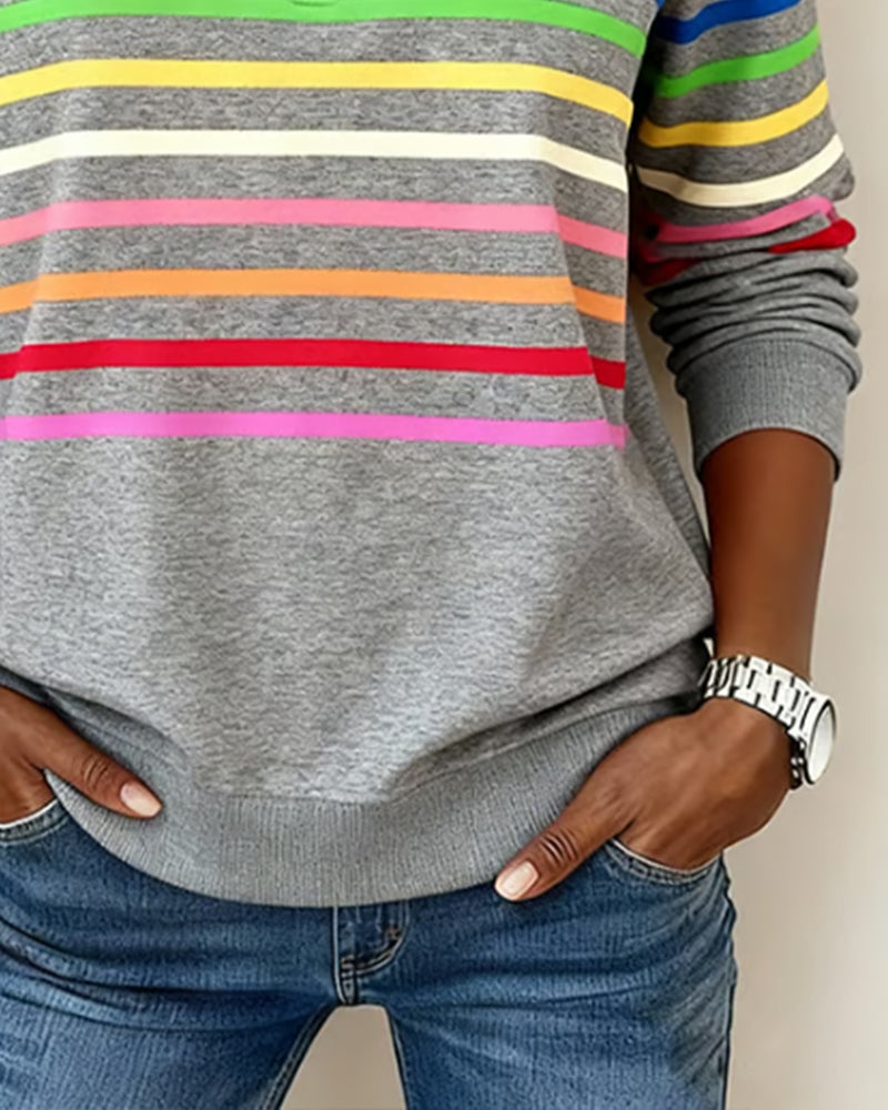 Women's striped half-zip sweatshirt with mock neck and long sleeves