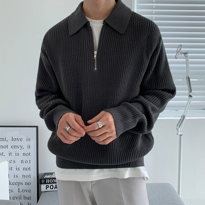 Men's textured half-zip jumper with collared neckline and long sleeves
