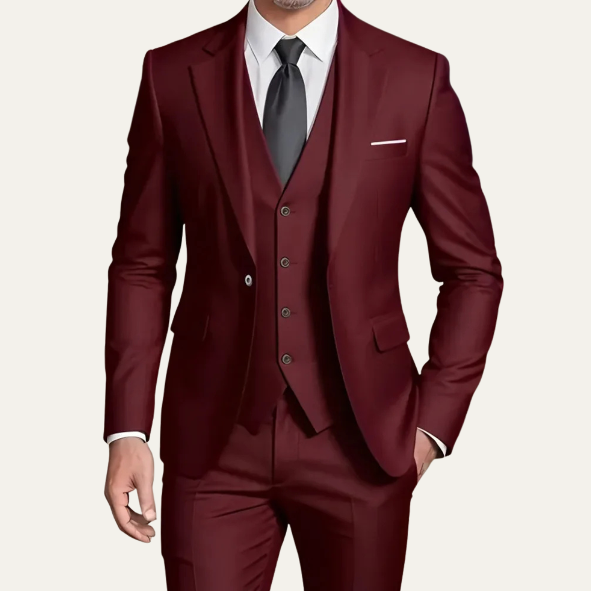Men's three-piece slim fit suit with blazer, buttoned waistcoat and trousers