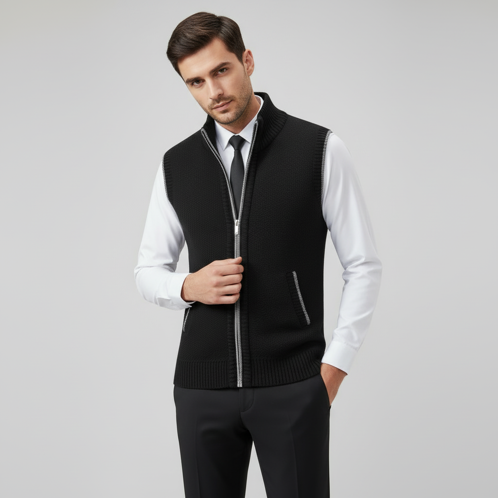 Men's knitted sleeveless business vest with mock neck and front zip