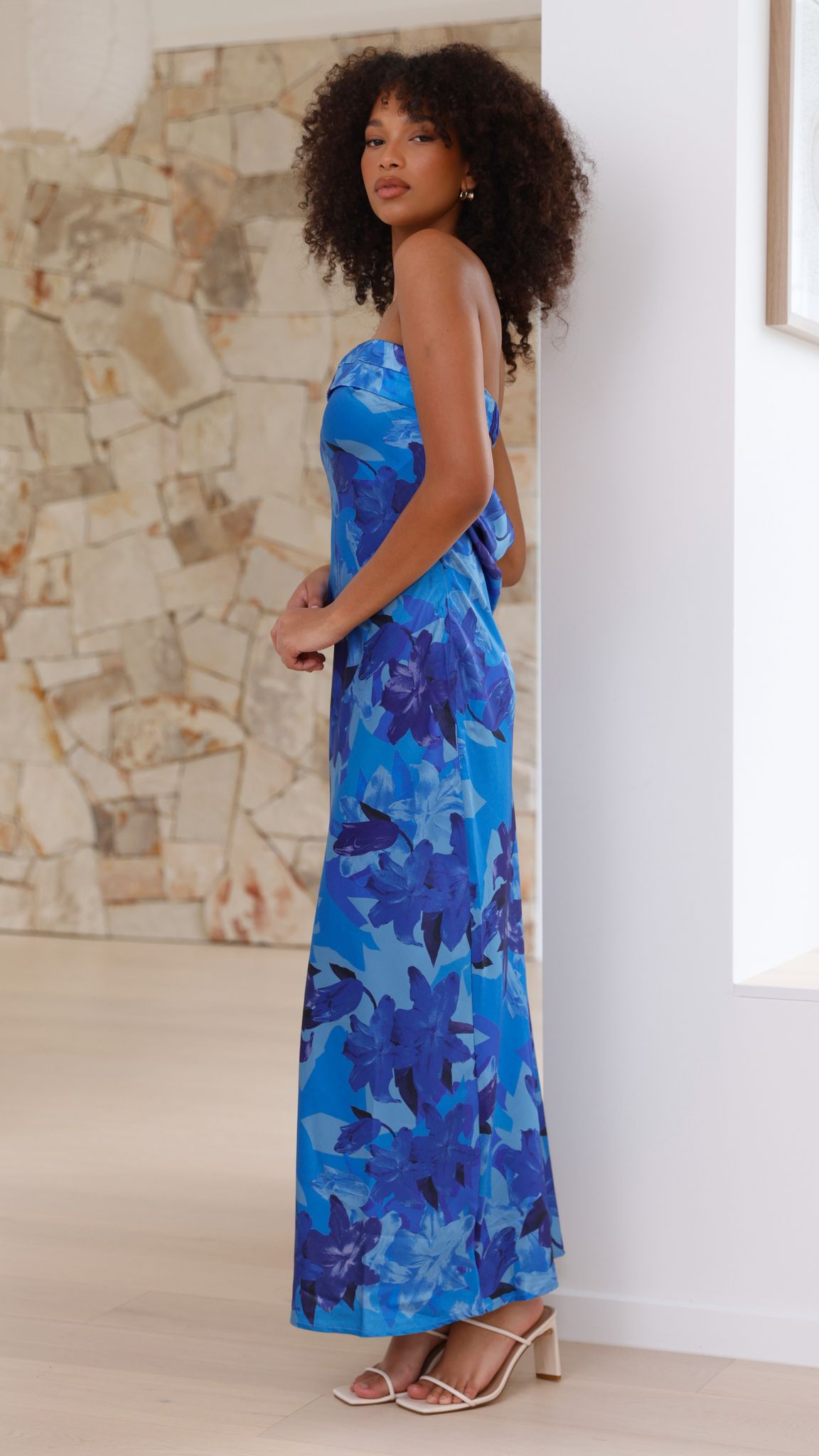 Women's Strapless Maxi Dress Open Back Cowl Detail Structured Fit | Floral Blue