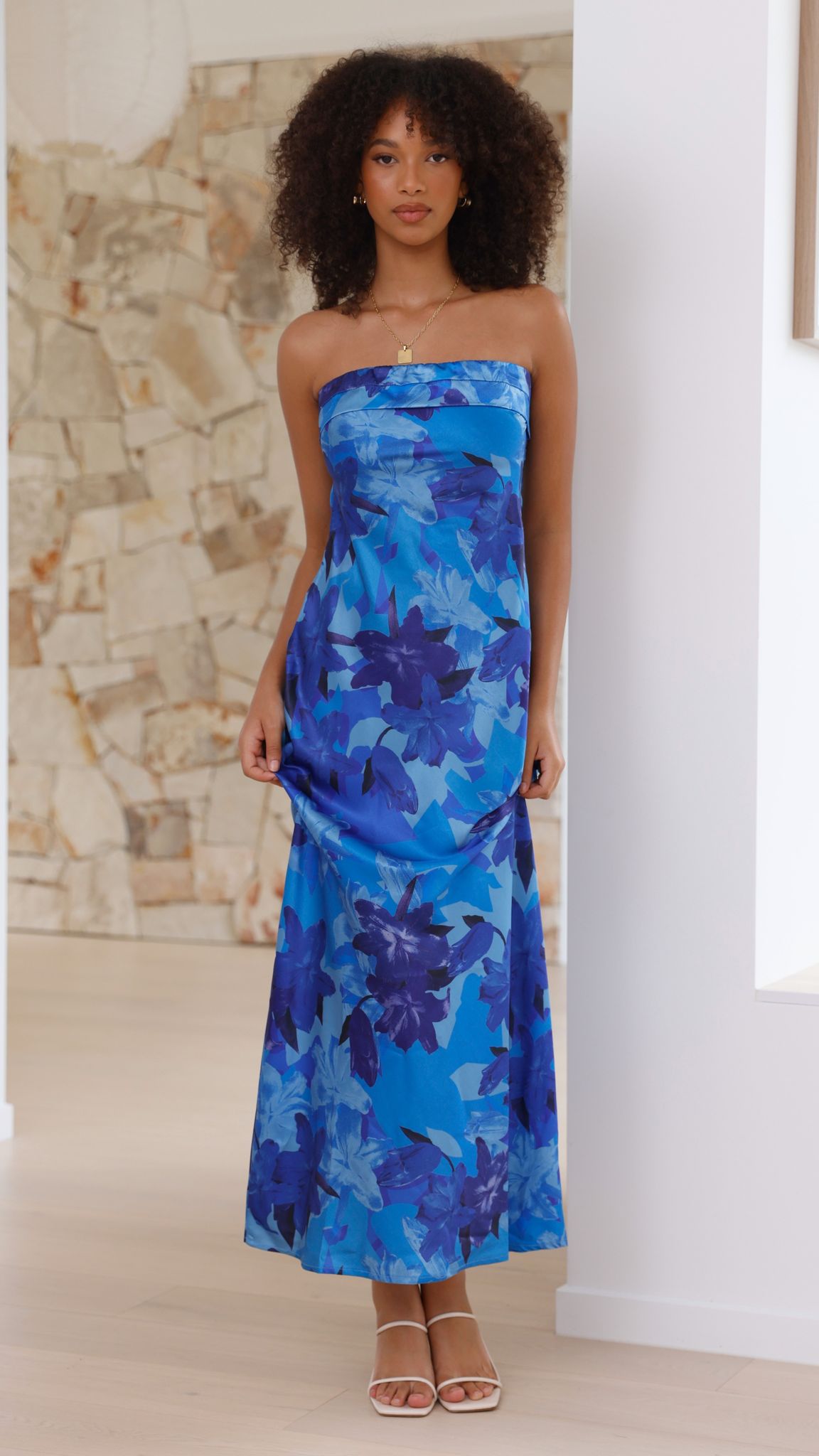 Women's Strapless Maxi Dress Open Back Cowl Detail Structured Fit | Floral Blue