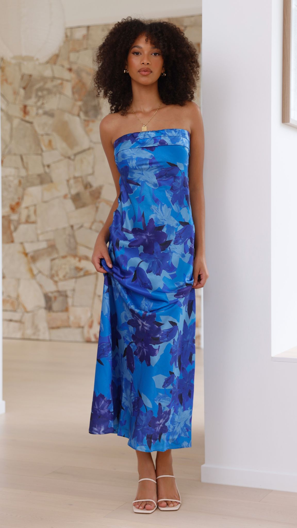 Women's Strapless Maxi Dress Open Back Cowl Detail Structured Fit | Floral Blue