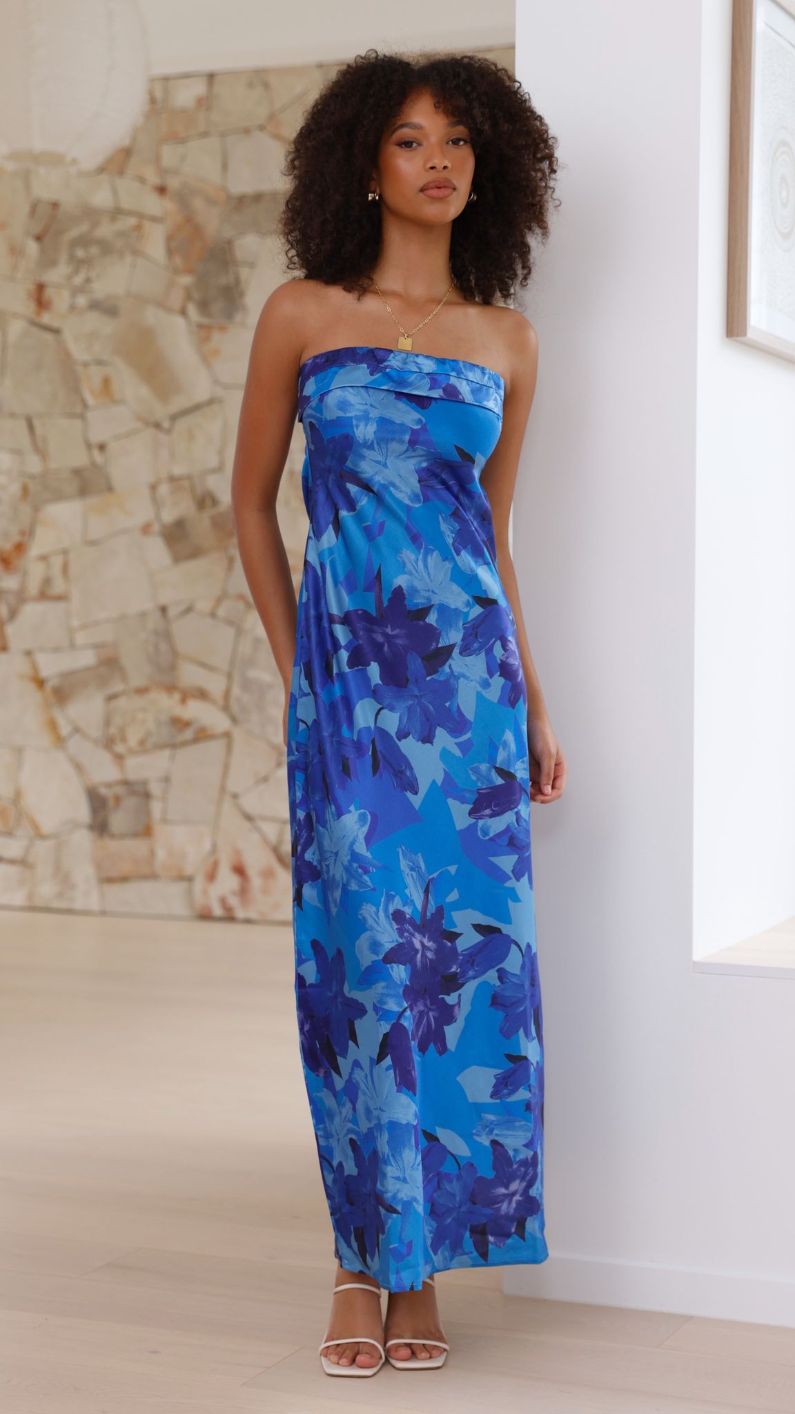 Women's Strapless Maxi Dress Open Back Cowl Detail Structured Fit | Floral Blue