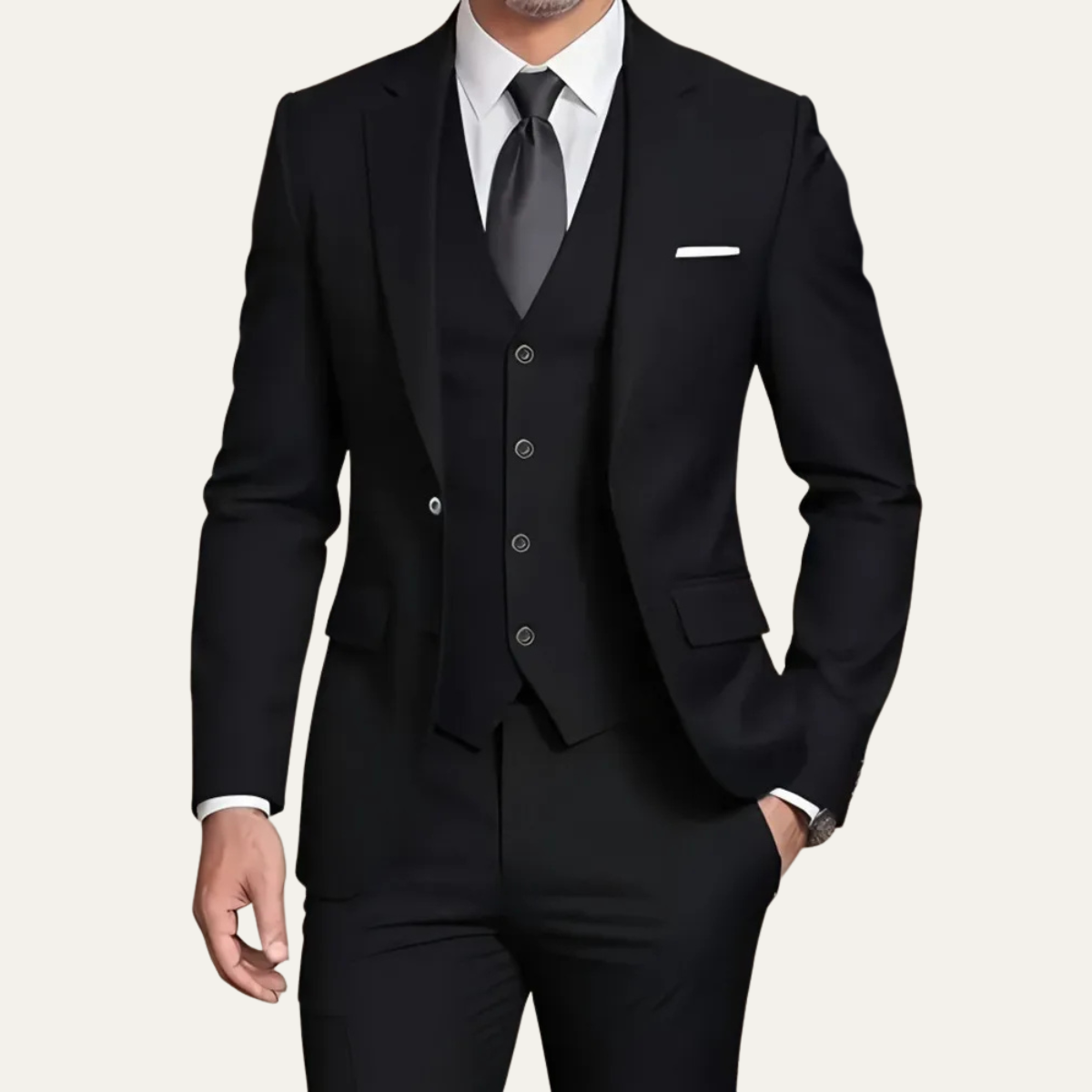 Men's three-piece slim fit suit with blazer, buttoned waistcoat and trousers