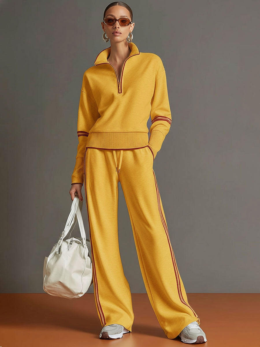 Ribbed Zip Lounge Set Grey White Loose Fit Tracksuit