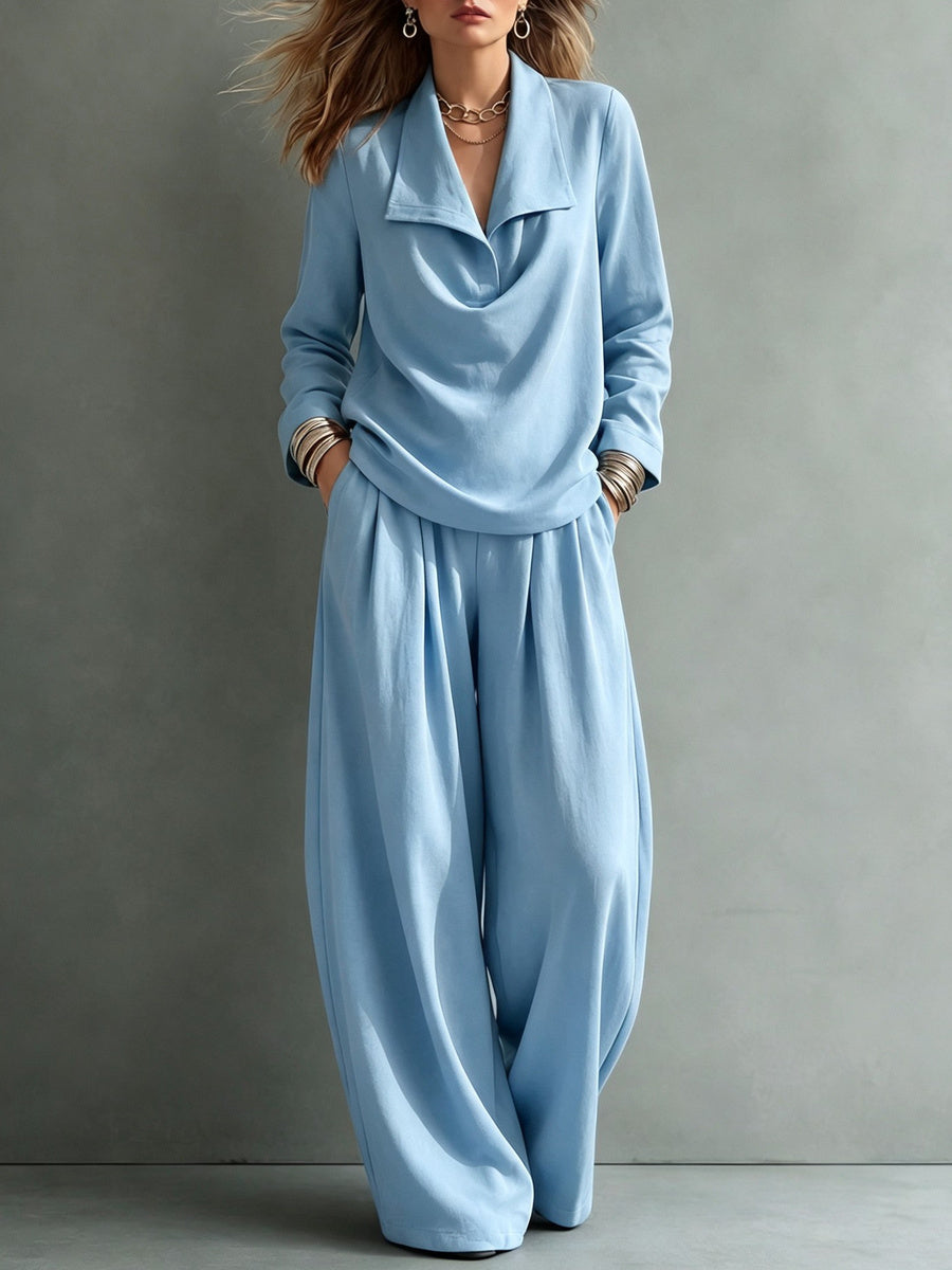 Women's lapel two-piece outfit with long-sleeve top and wide-leg trousers