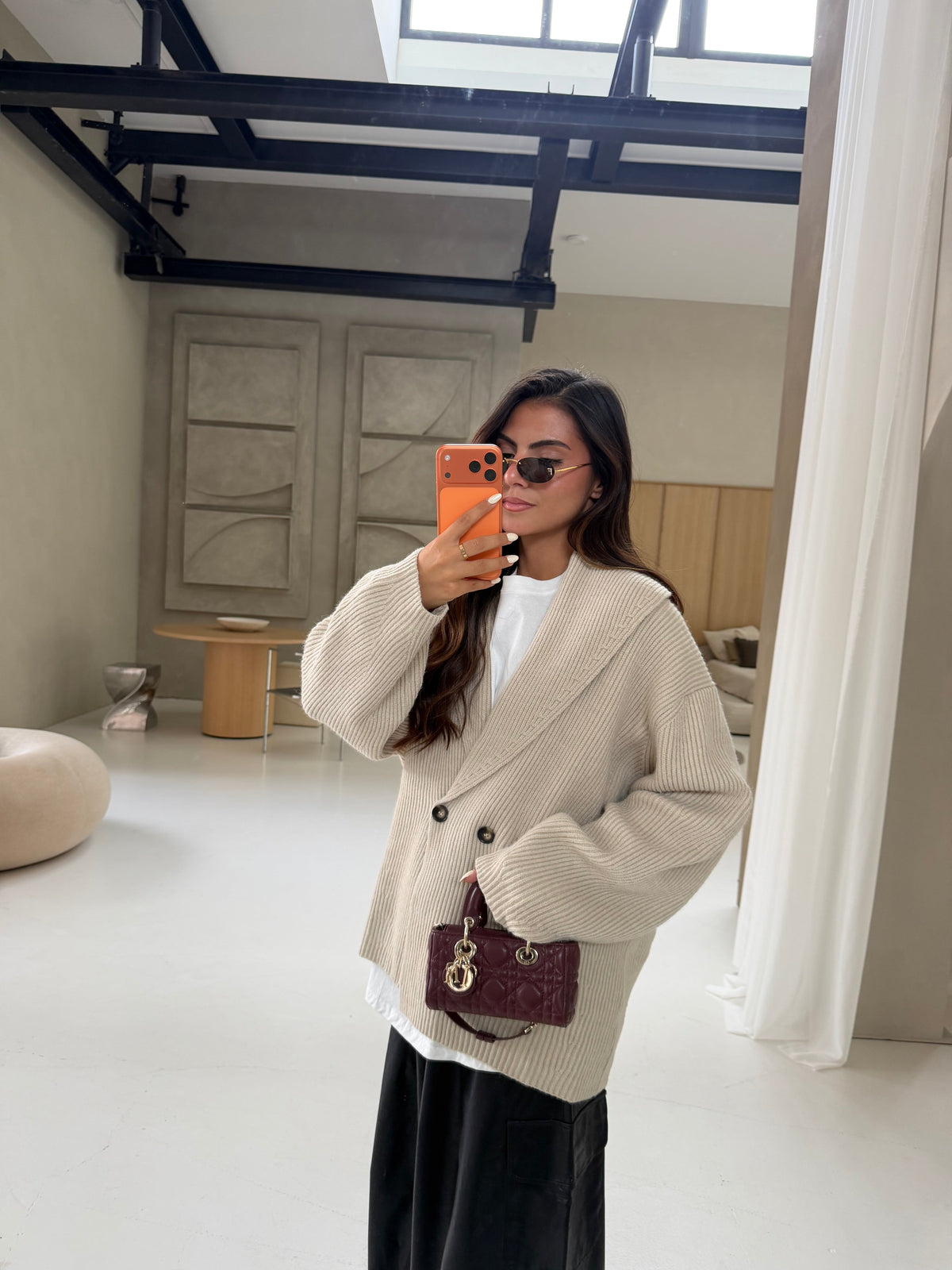 Women's beige ribbed cardigan with shawl collar and button front