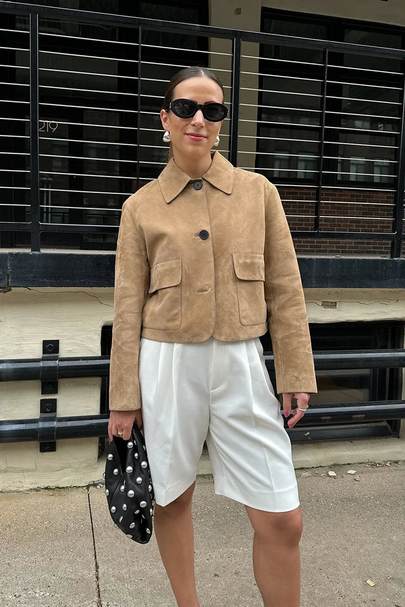 Women's sand cropped jacket with pointed collar, button front and flap pockets