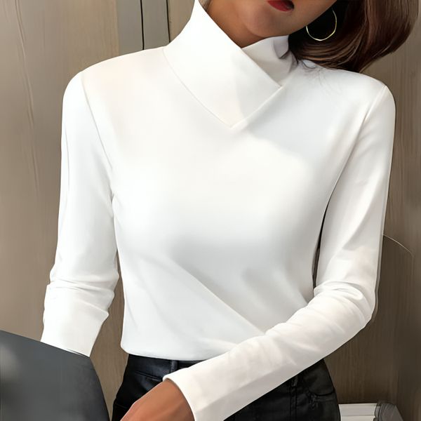 Women's plain mock neck long sleeve fitted top with sculpted neckline detail