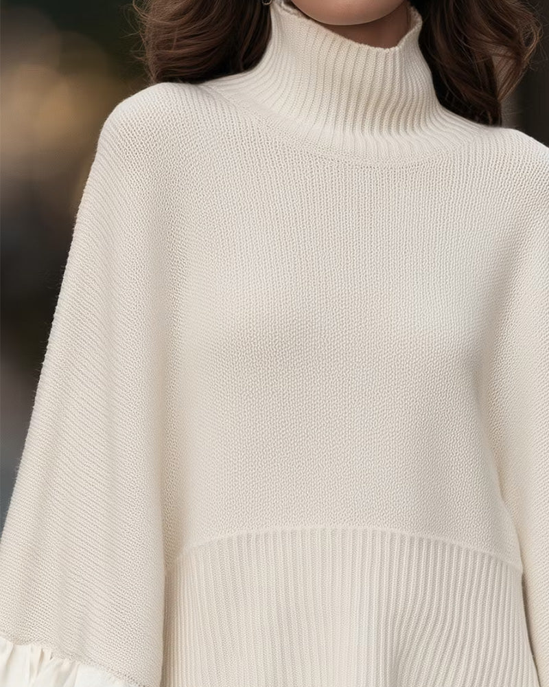 Women's beige turtleneck jumper with long sleeves and layered ruffle cuffs