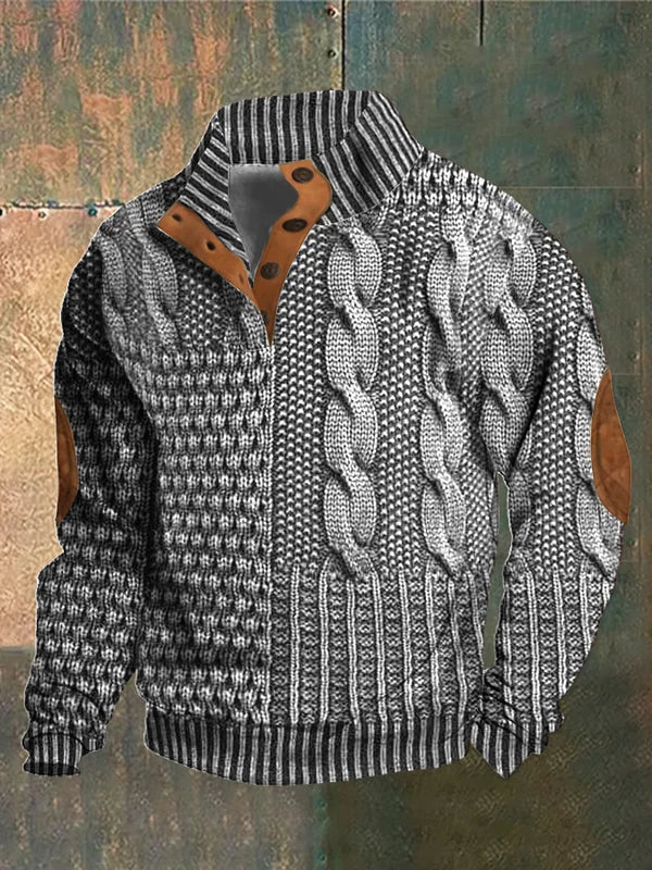 Men's textured cable knit jumper with mock neck, button placket and contrasting elbow patches
