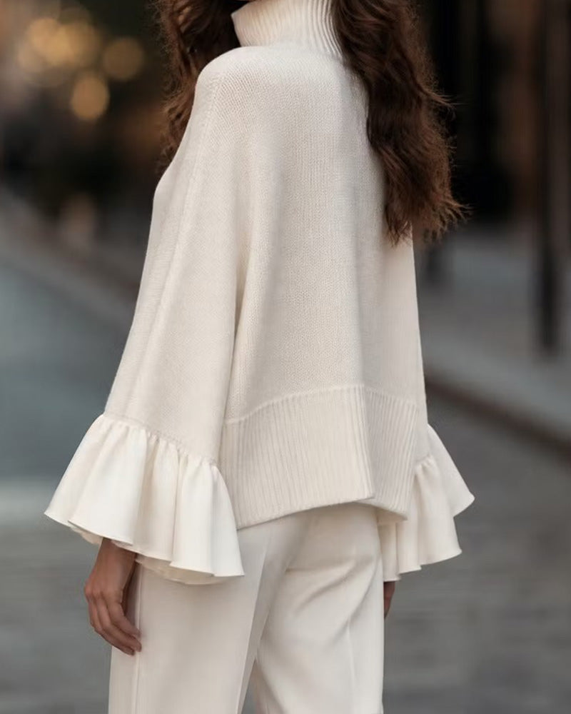 Women's beige turtleneck jumper with long sleeves and layered ruffle cuffs