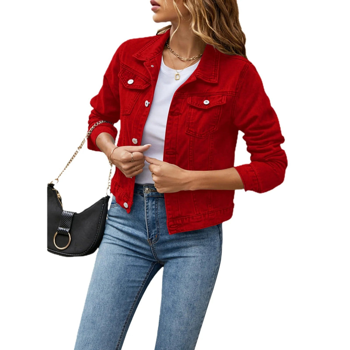 Women's denim jacket with point collar, button front and chest pockets
