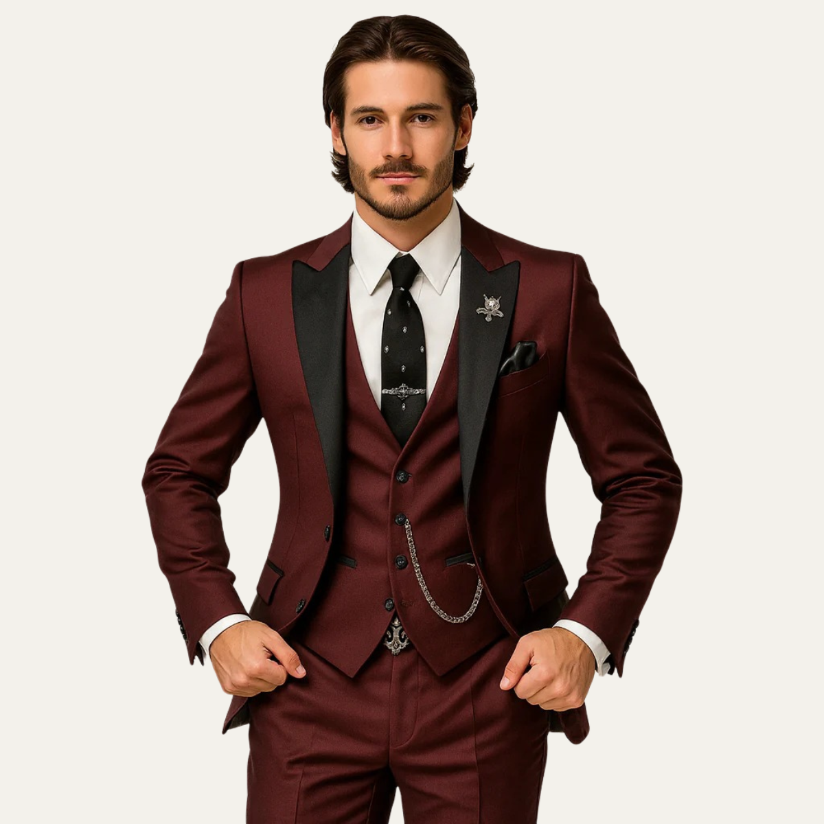 Men's three-piece suit with peak lapel blazer, waistcoat and matching trousers