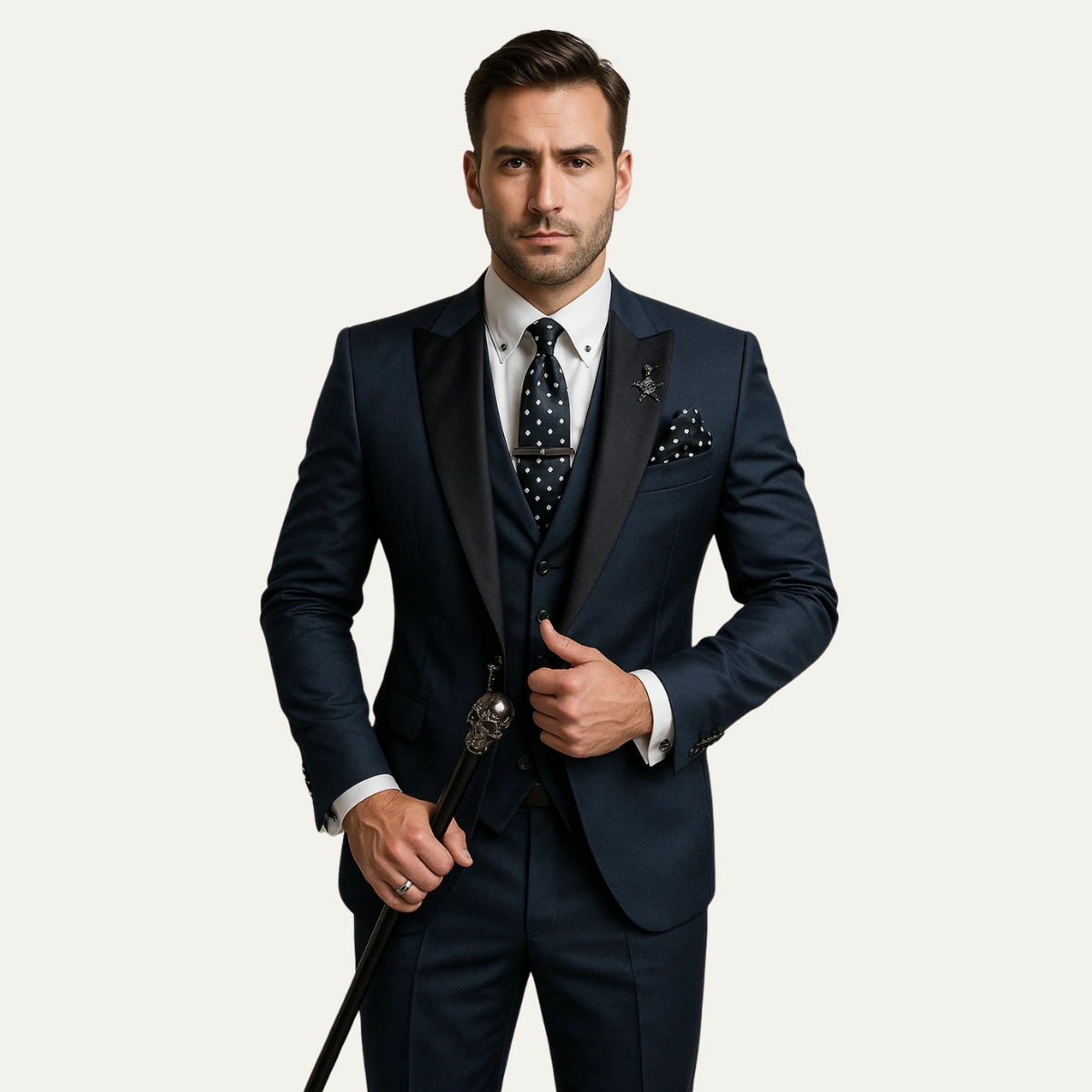 Men's three-piece suit with peak lapel blazer, waistcoat and matching trousers