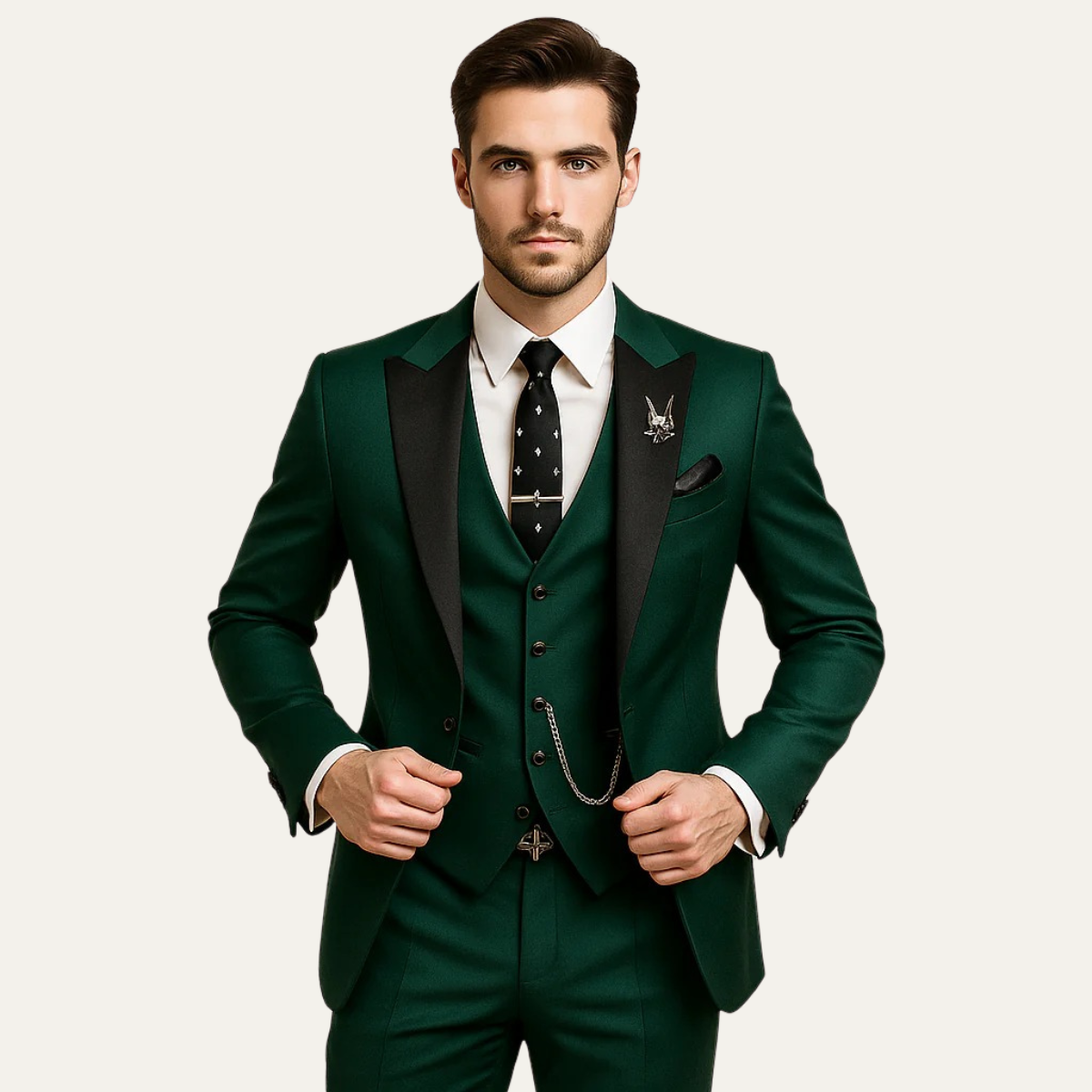 Men's three-piece suit with peak lapel blazer, waistcoat and matching trousers