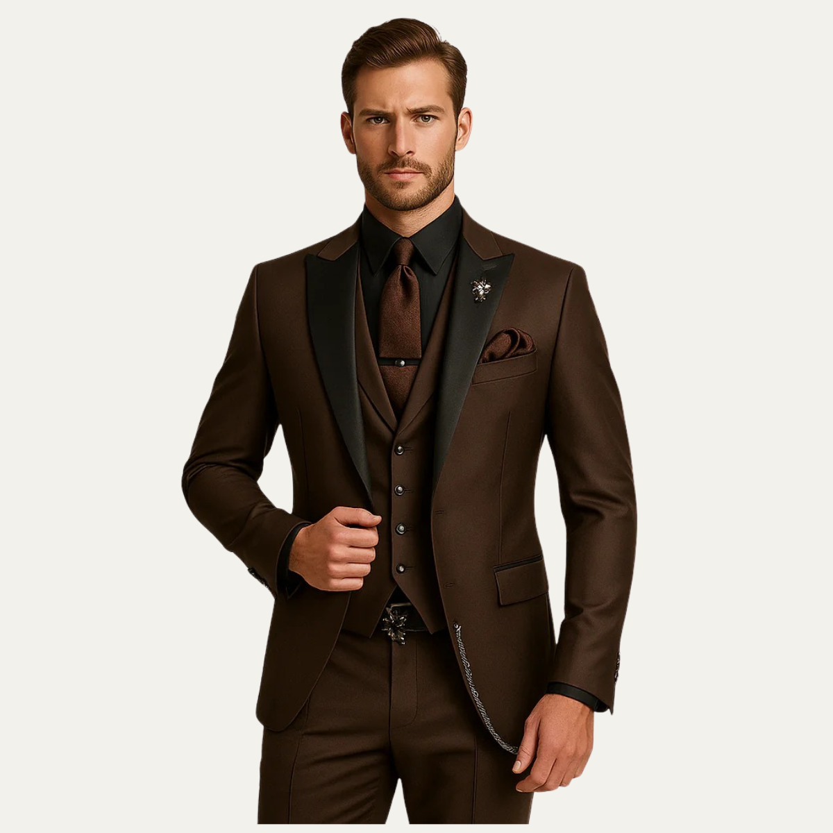Men's three-piece suit with peak lapel blazer, waistcoat and matching trousers