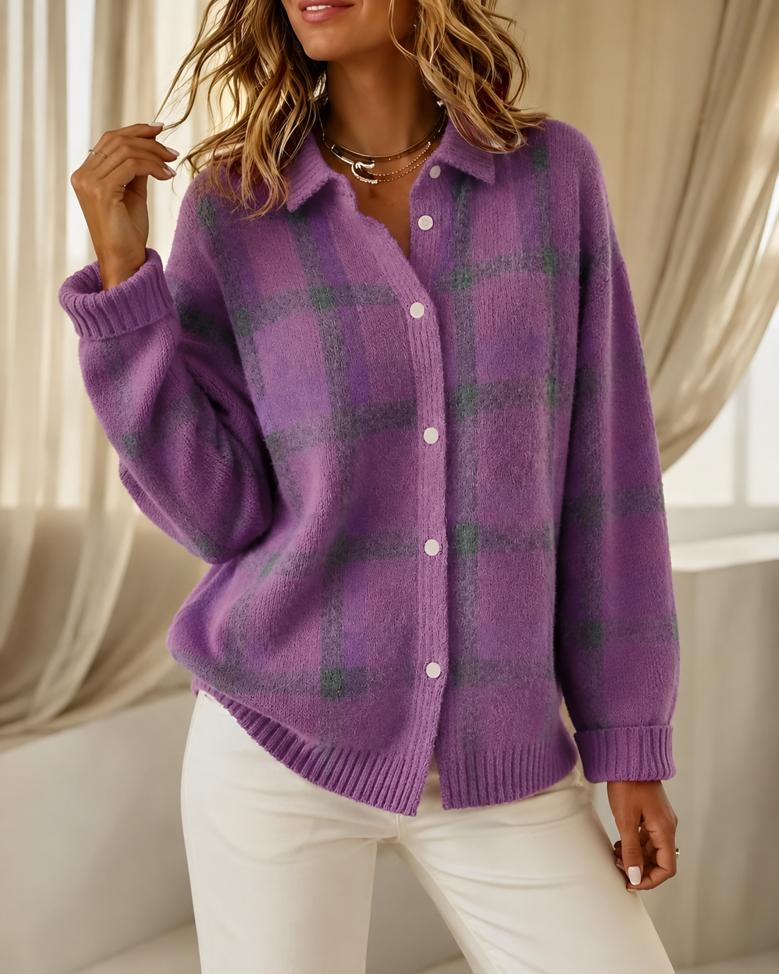 Women's checked knitted cardigan with collared neckline and button front
