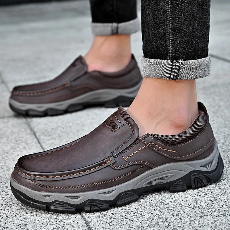 Men's slip-on loafers with moc toe stitching and textured lug soles