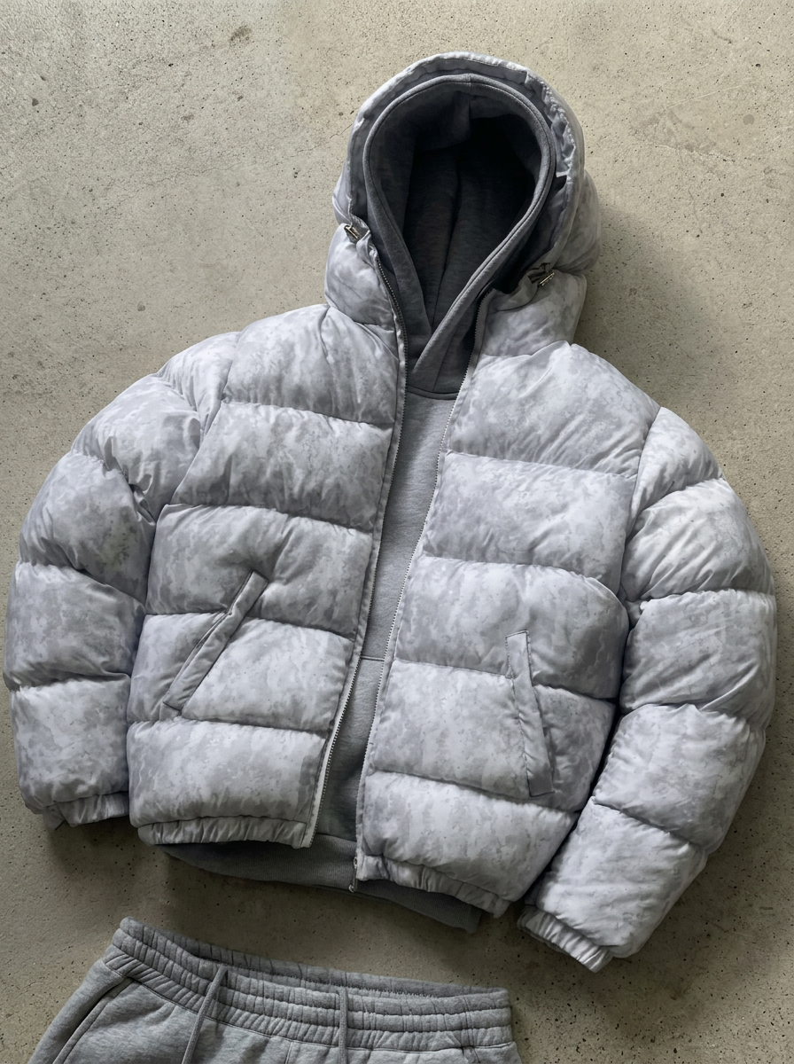 Men's hooded quilted puffer jacket with zip front and pockets