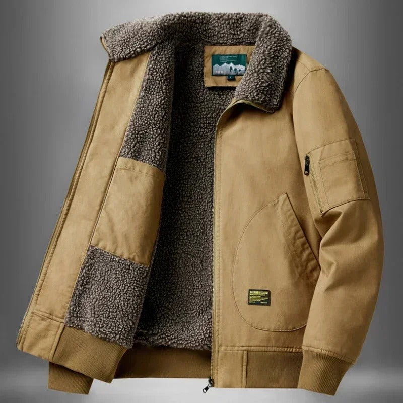 Men's Sherpa-Lined Jacket Cotton Fleece Collar - Beige
