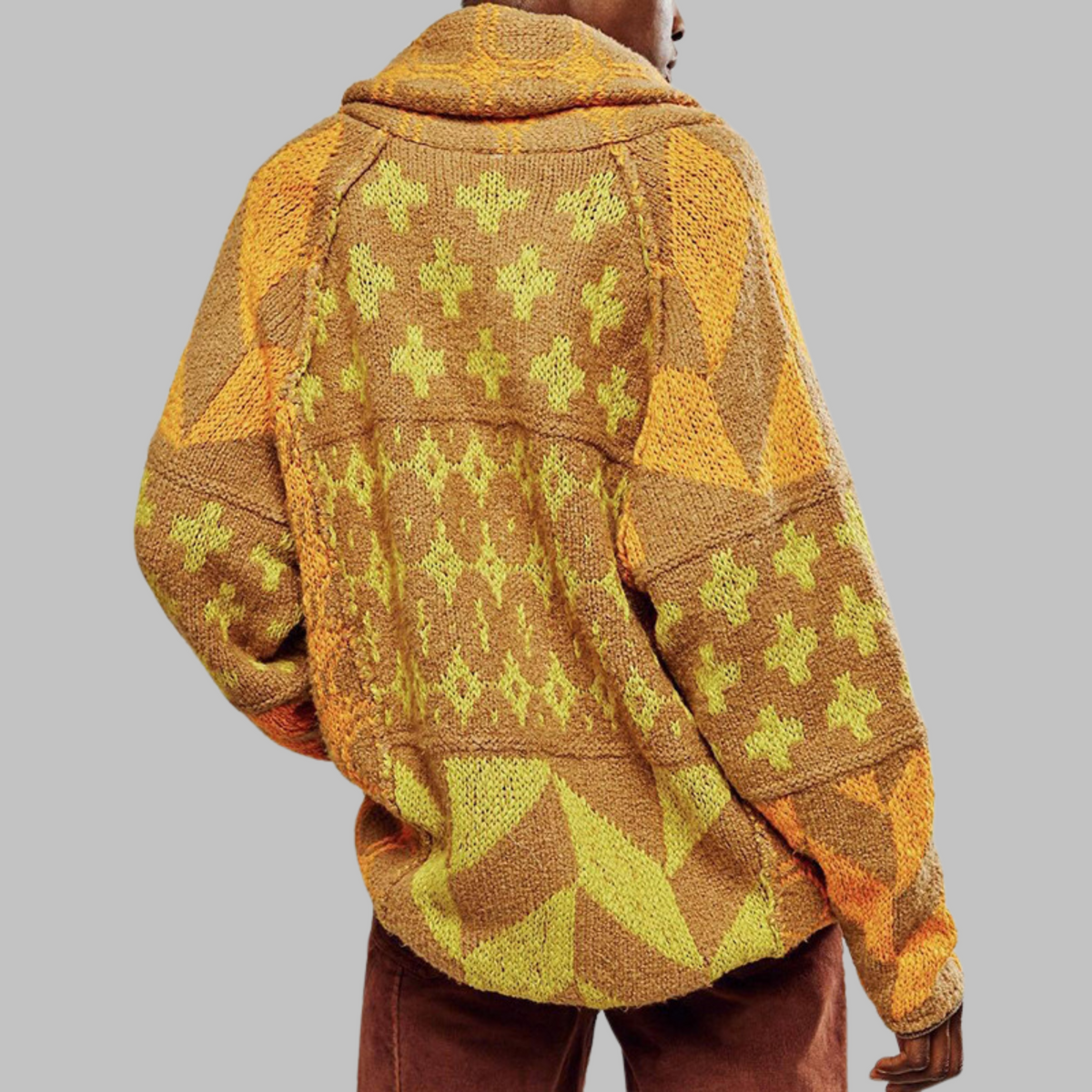 Women's oversized multi-patterned cardigan with shawl collar and button front