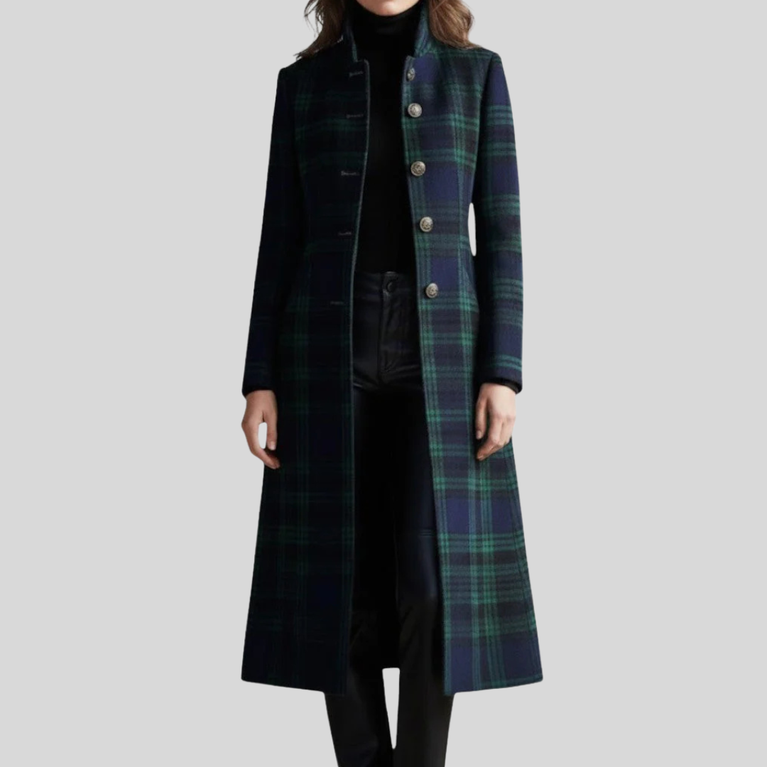 Women's dark blue and green checked longline coat with stand collar and button front