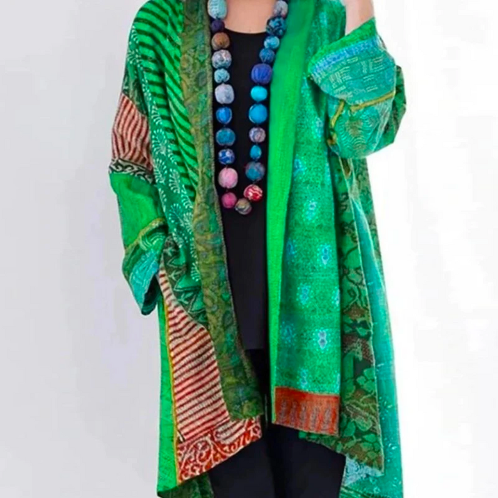 Women's loose multicoloured patchwork cardigan with open front and long sleeves