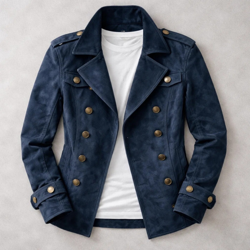 Men's structured Harrington coat with turn-down collar, button front, flap pockets and belted cuffs