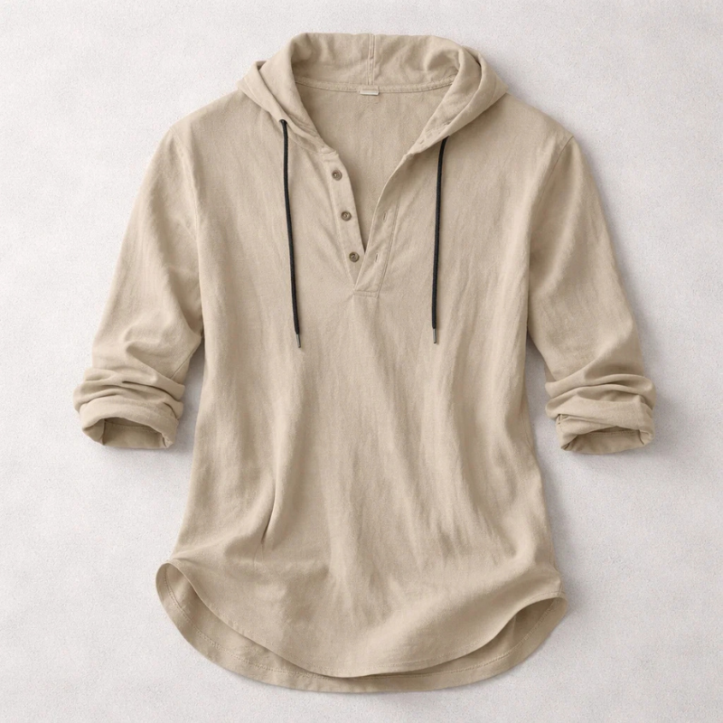 Men's long-sleeve hooded shirt with button placket and curved hem