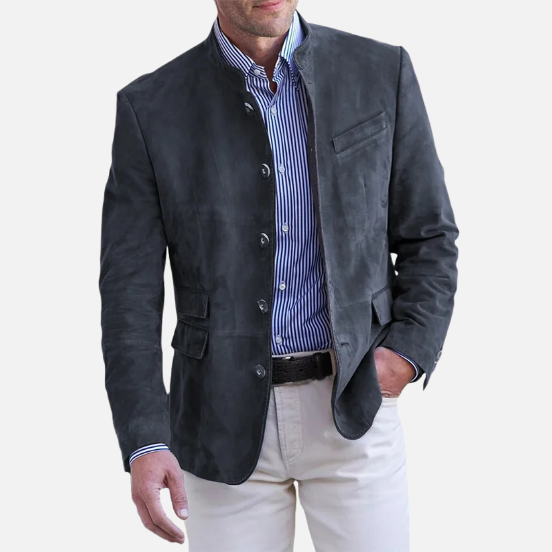 Men's stand collar button front jacket with chest and flap pockets