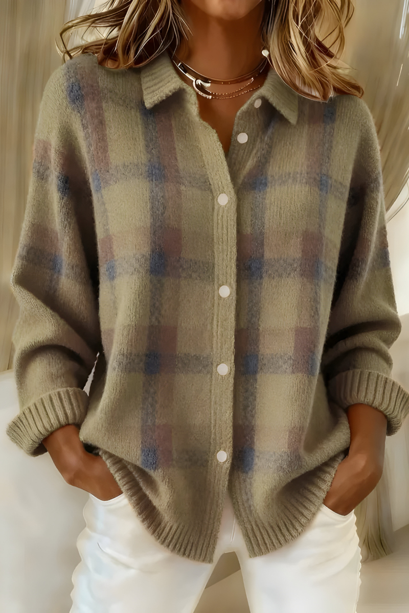 Women's checked button-front cardigan with shirt collar and long sleeves