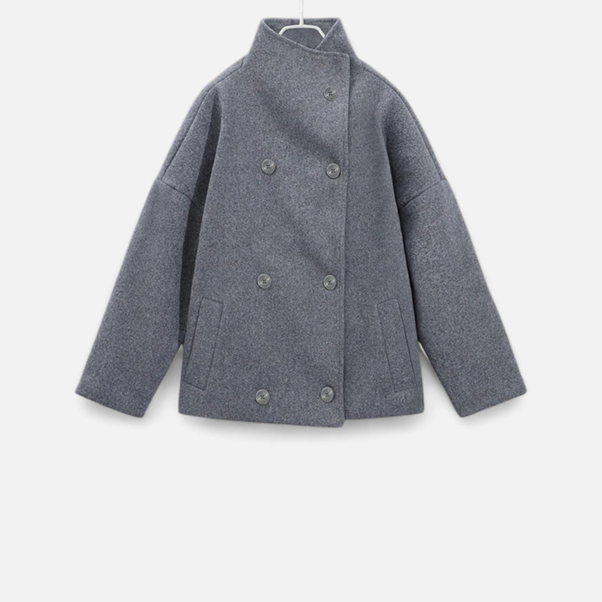 Women's short collared coat with long sleeves and button front