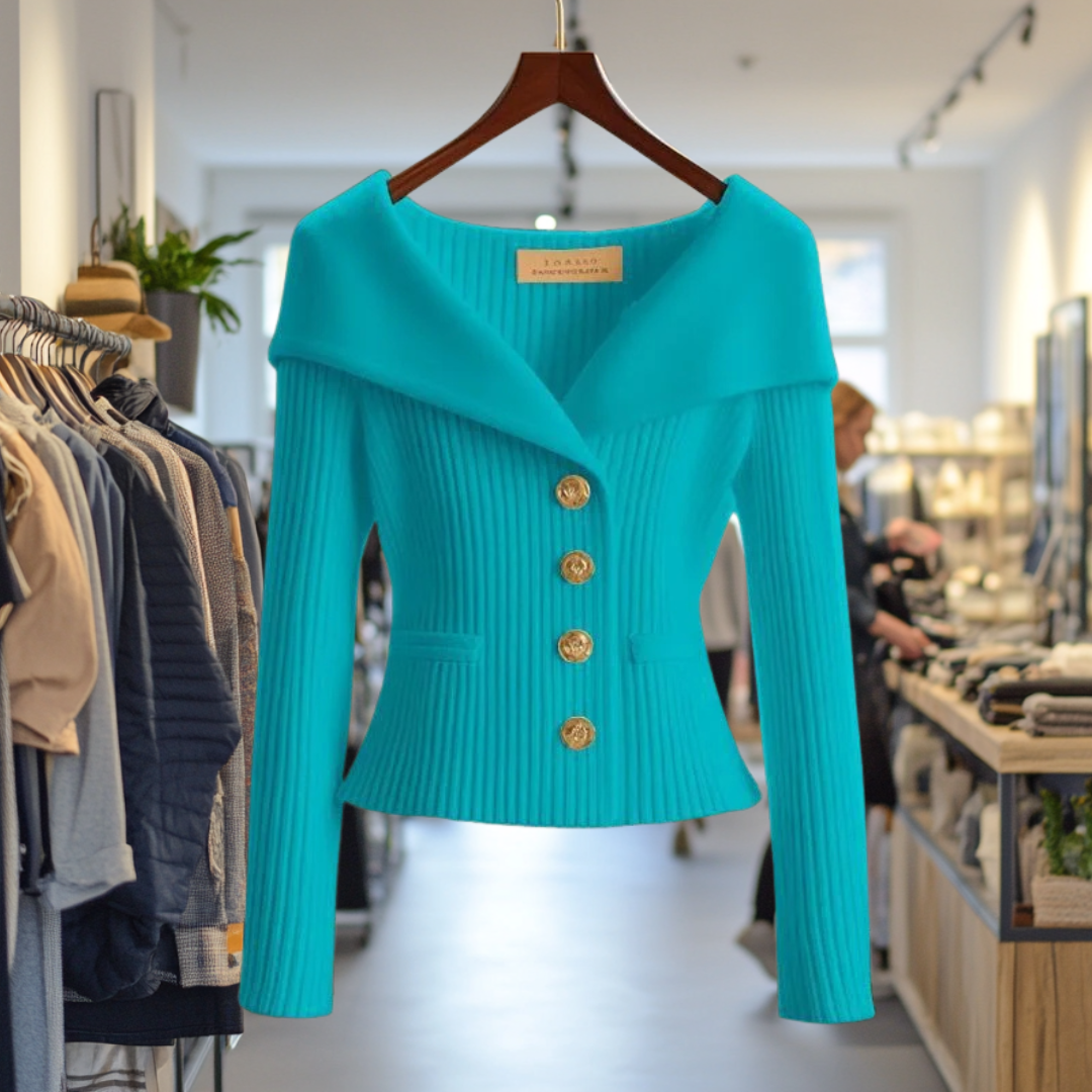Ribbed women's cardigan with shawl collar, long sleeves and button front