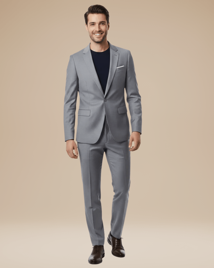 Men's two-piece suit with notched lapel blazer and matching trousers