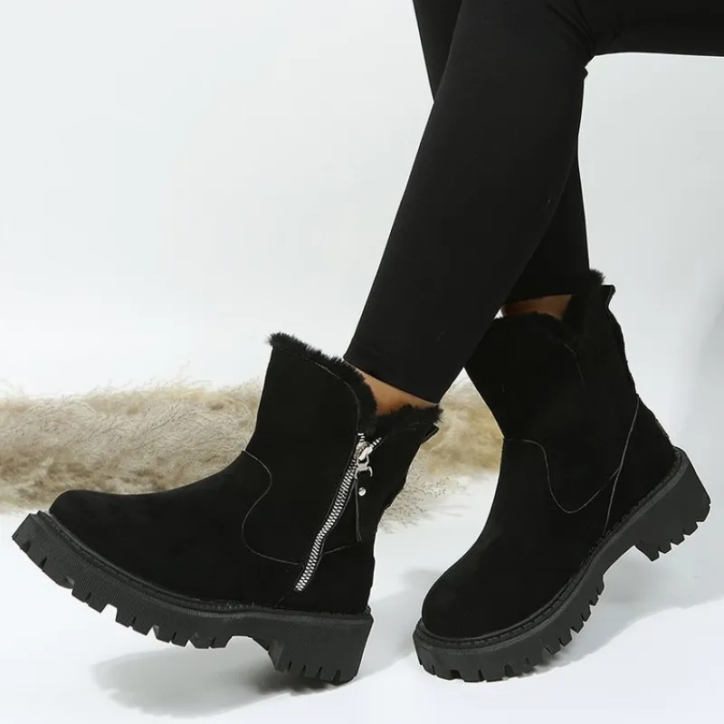 Women's ankle boots with plush fur cuffs, side zips and lugged soles