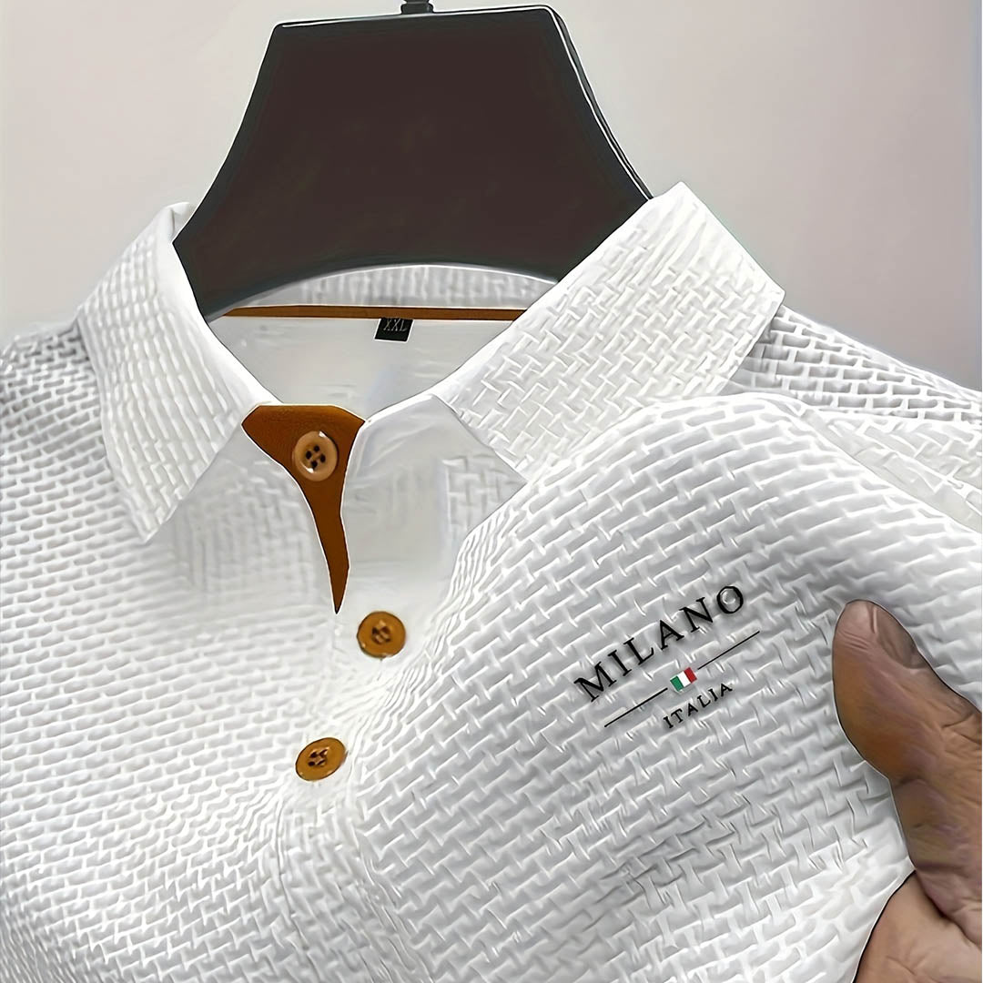 Men's Polo Shirt Textured Woven Button Collar - White
