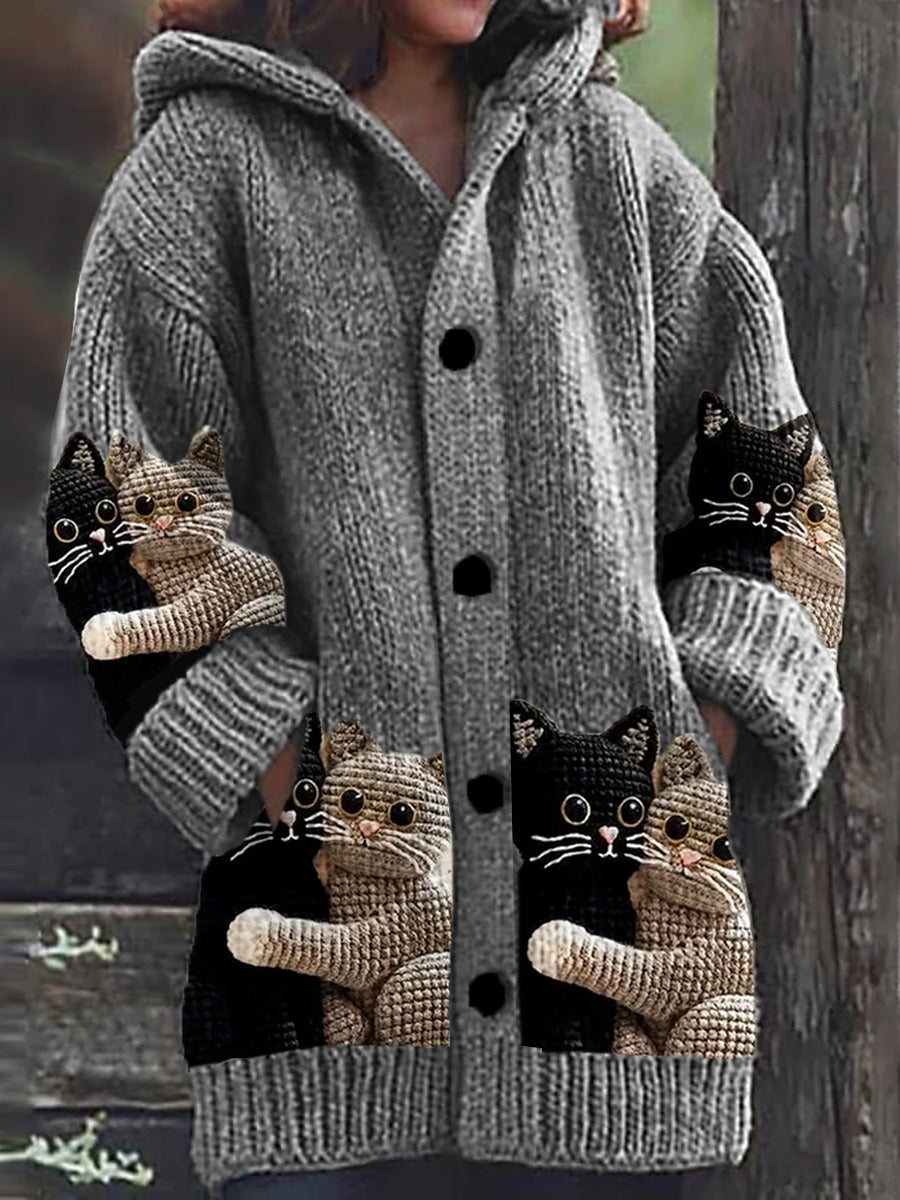 Women's hooded cardigan with cat print, buttons and long sleeves