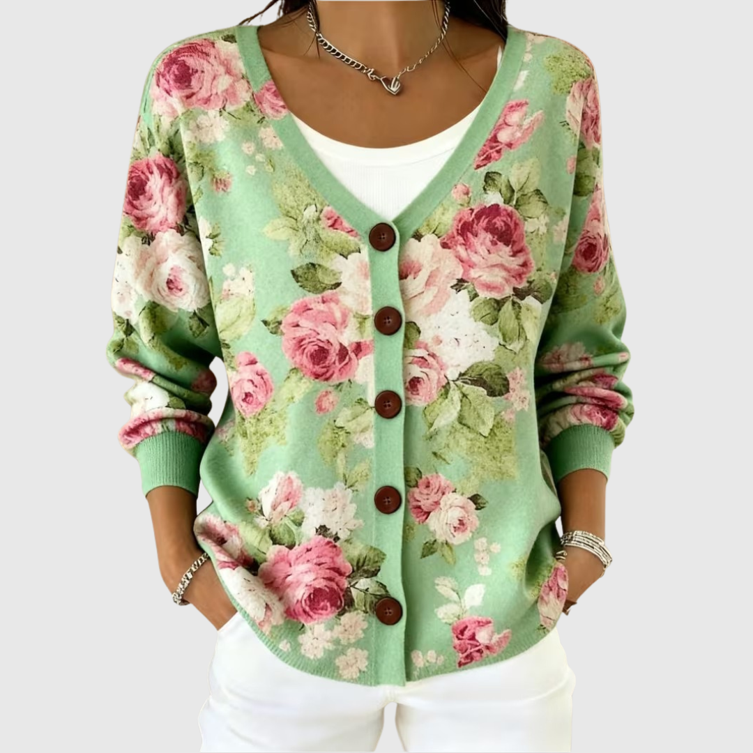 Women's green floral V-neck knit cardigan with long sleeves and button front