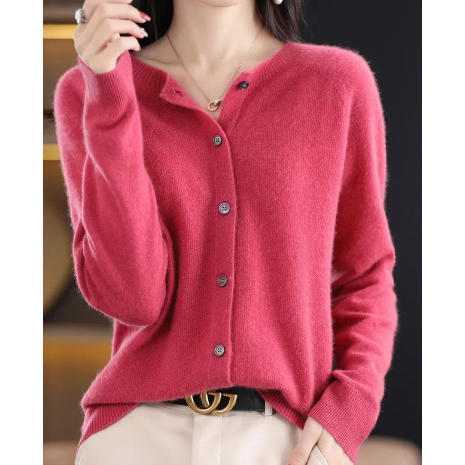 Women's Cardigan Merino Wool V-Neck Long Sleeve - Pink
